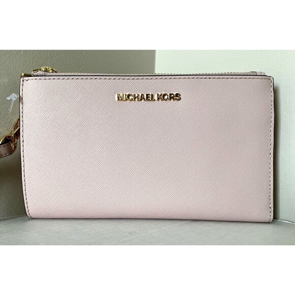 New Michael Kors Jet Set Travel Double zip wristlet wallet Leather Powder Blush - Picture 1 of 5